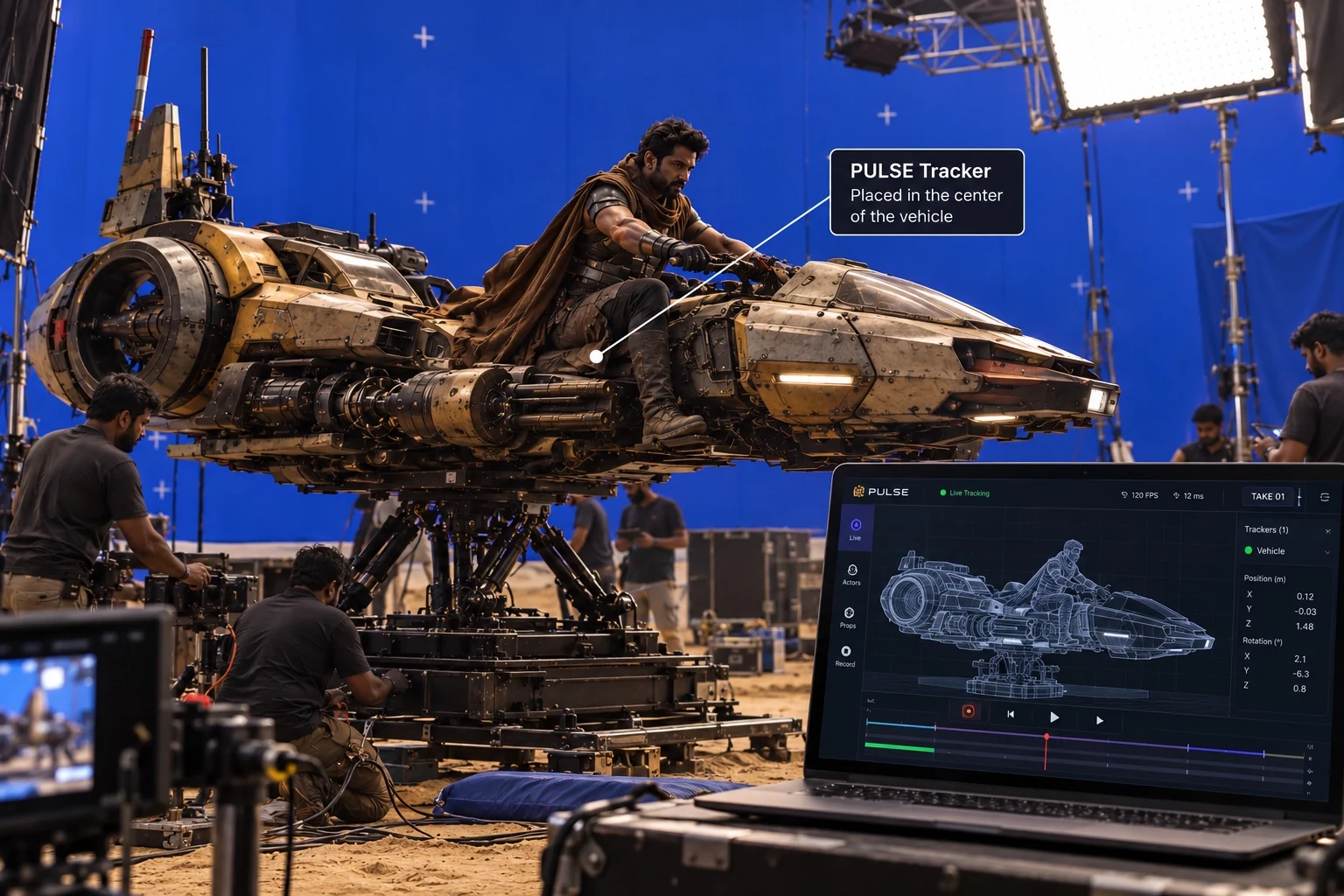 Sci-fi flying vehicle practical prop on a hydraulic motion base with PULSE visual interface