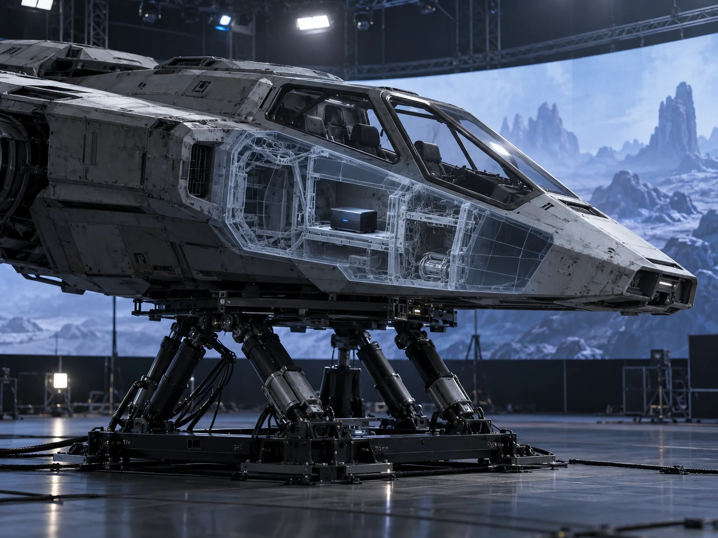 Sci-fi vehicle on a motion platform, illustrating reference-based spatial tracking