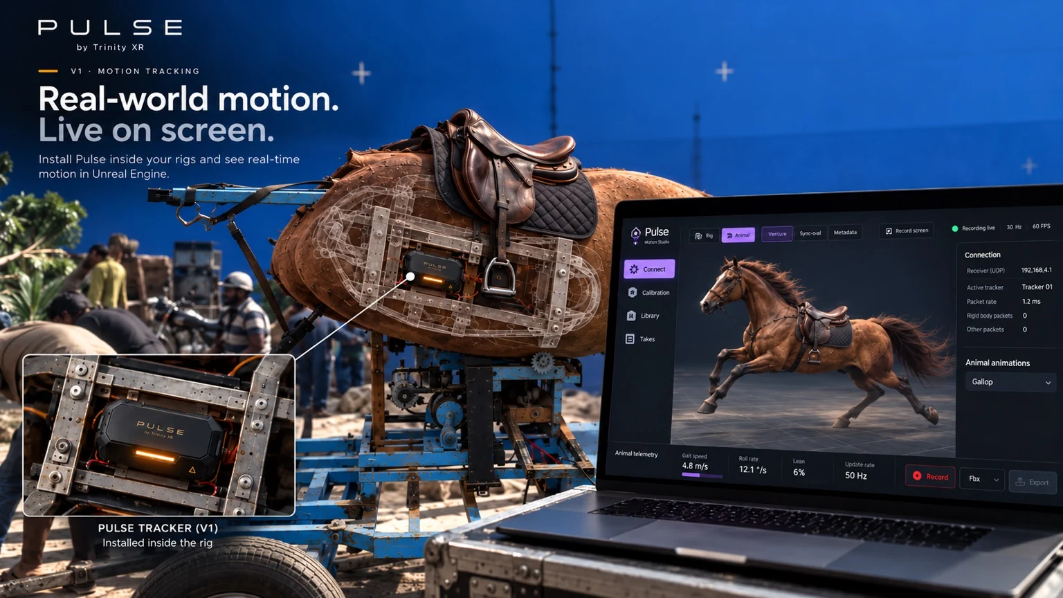 Horse animatronic rig beside a digital animal representation