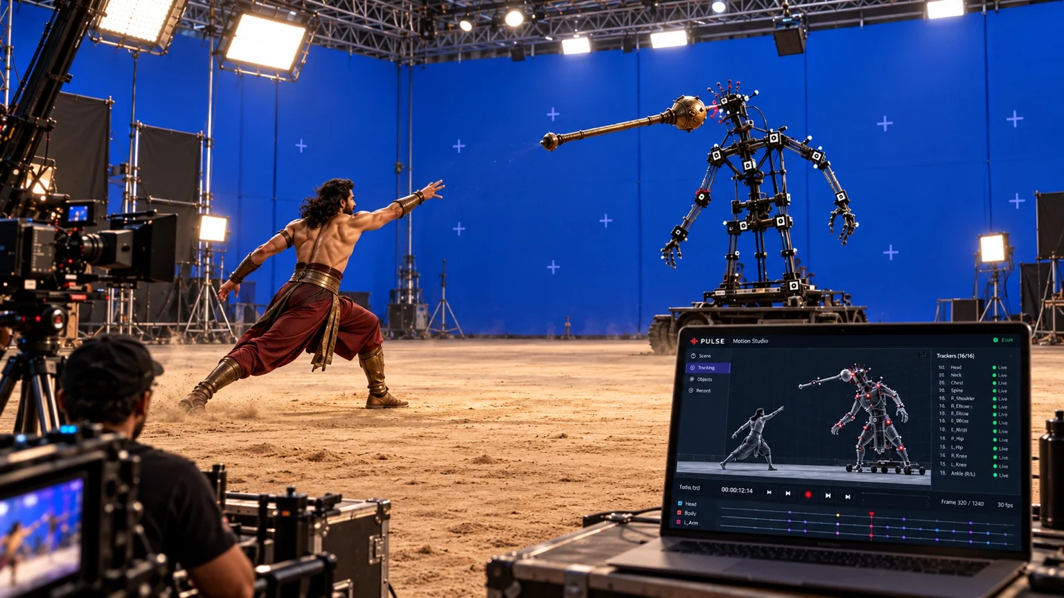 A performer opposite a creature armature on a blue-screen production stage