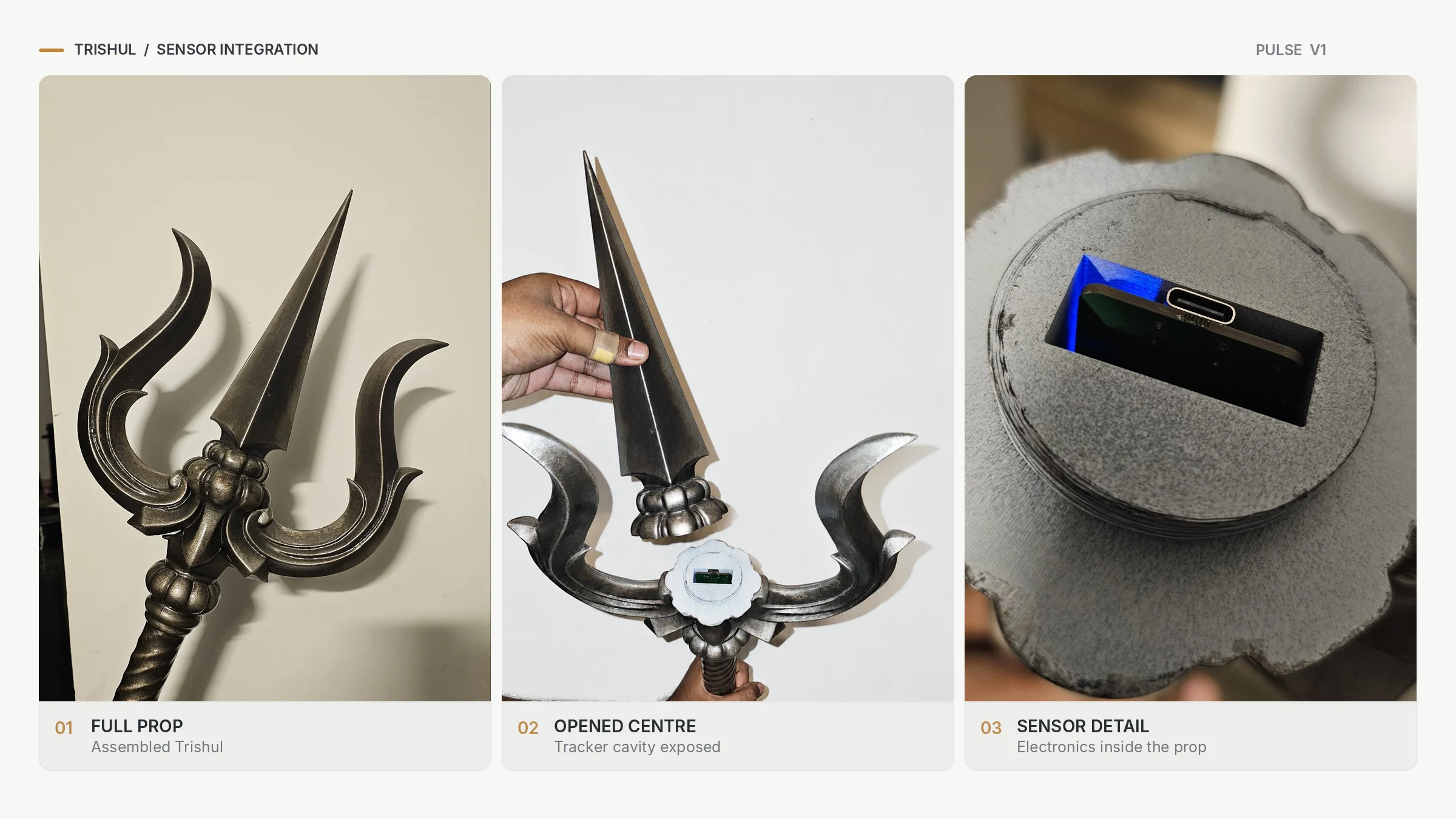 Real Trishul prop assembled, opened to expose a sensor cavity and close-up of electronics