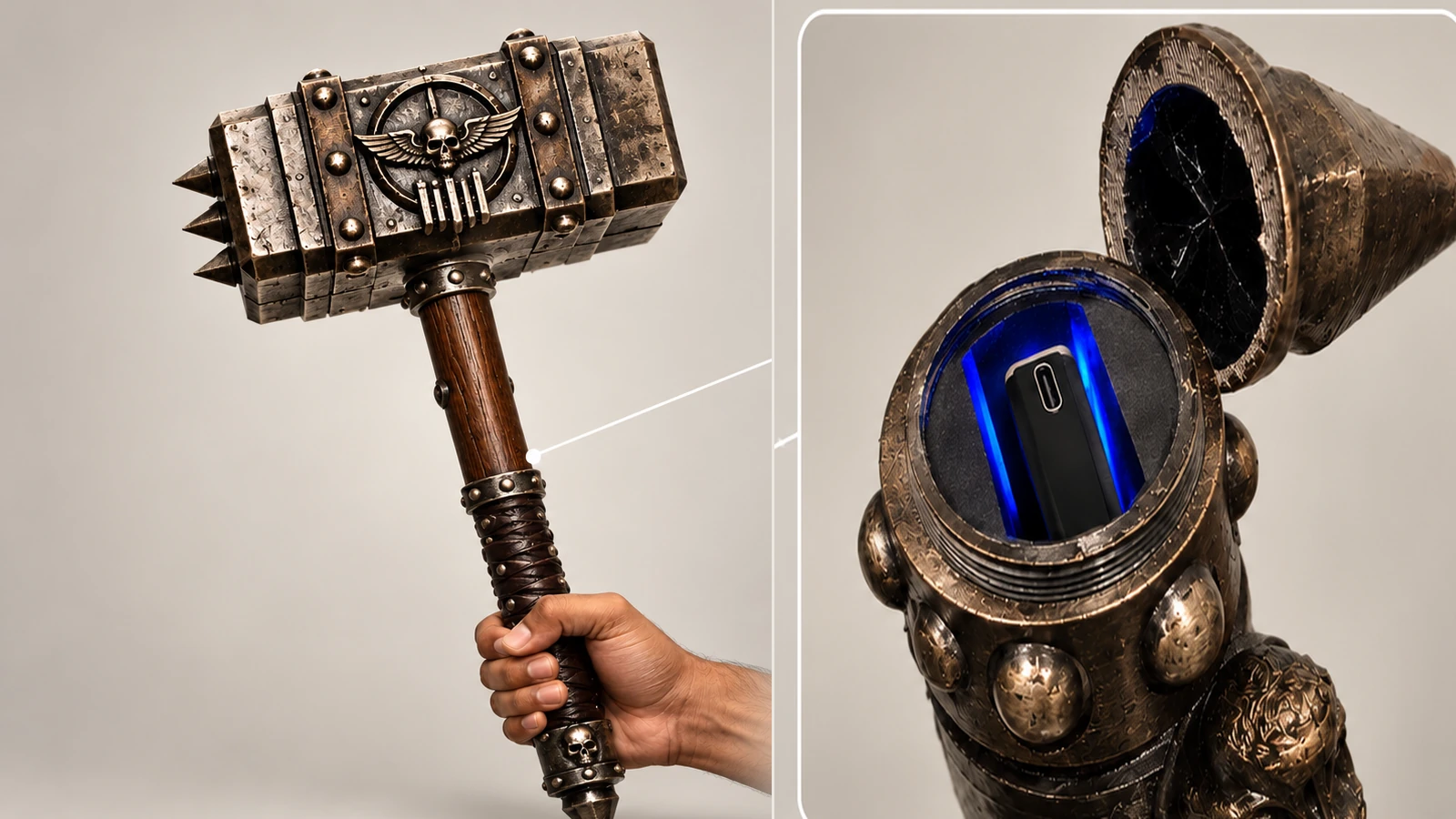 Full-length cinematic Gadha prop with hidden PULSE tracker and handle close-up