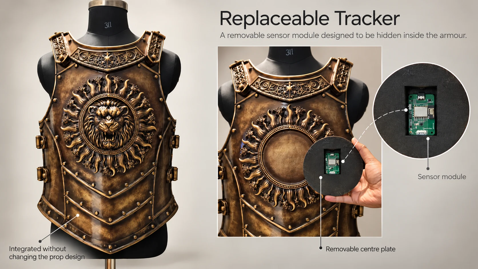 Armour with removable centre sensor and enlarged PCB photo
