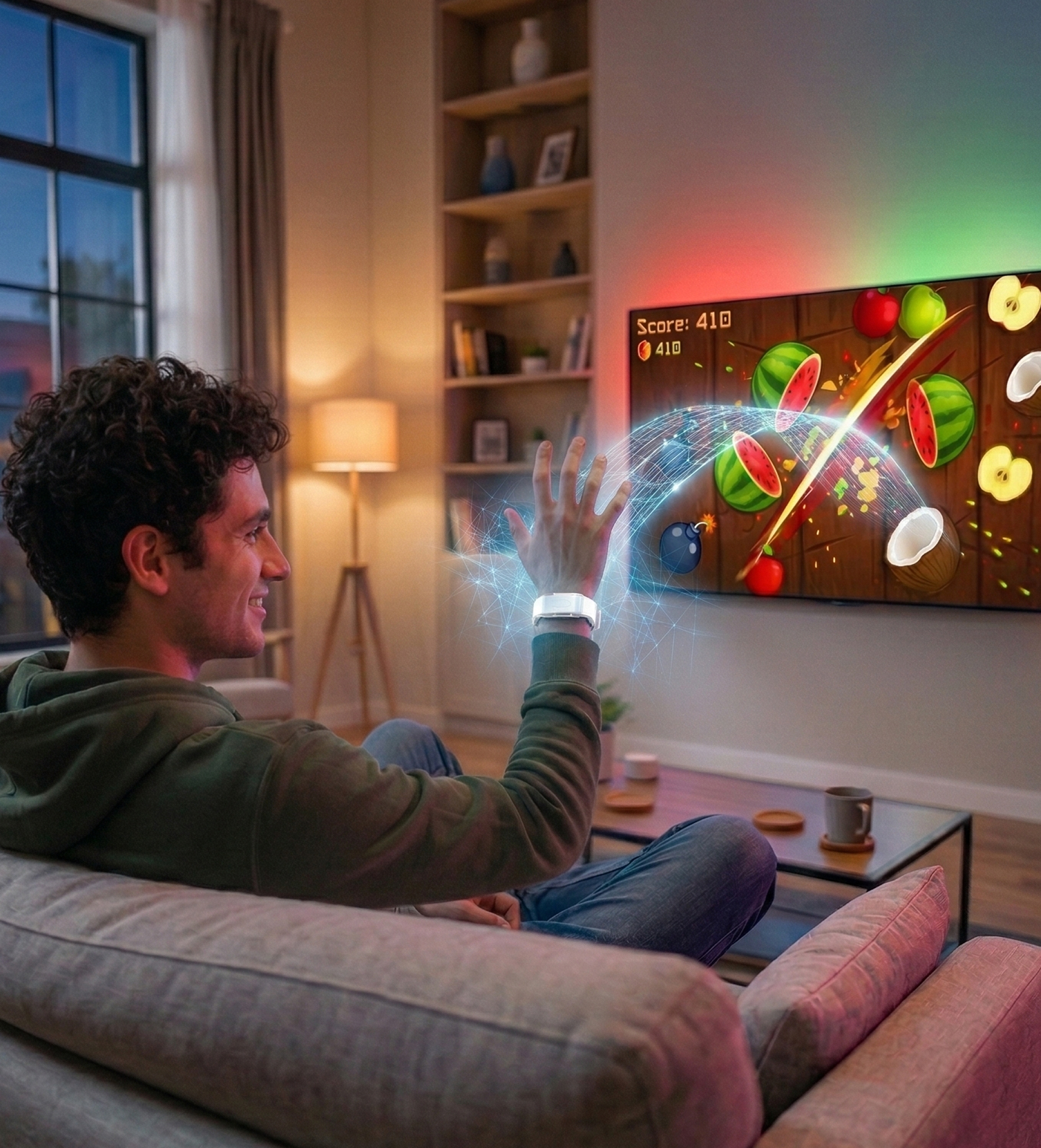 Person using Pulse wrist device to control a game on TV in real time